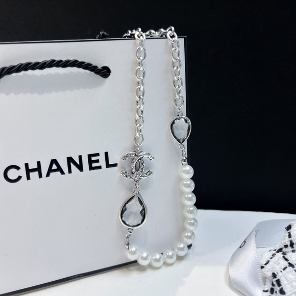 Chanel Double C Gunmetal Double Drop Chain Pearl Necklace - Picture 3 of 8